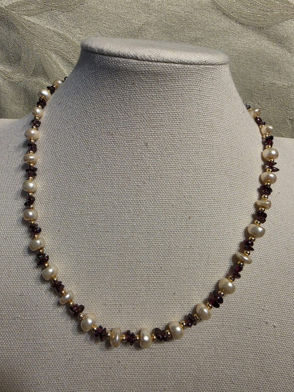 #1220 Faux Pearl and Garnet Colored Beaded Necklace - Cream Faux Pearls